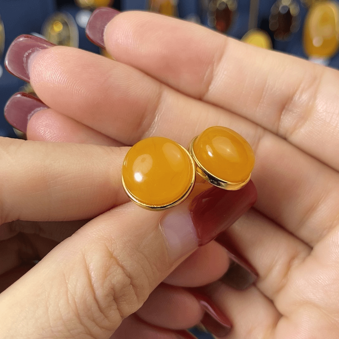 琥珀耳饰银S925镀金镶嵌