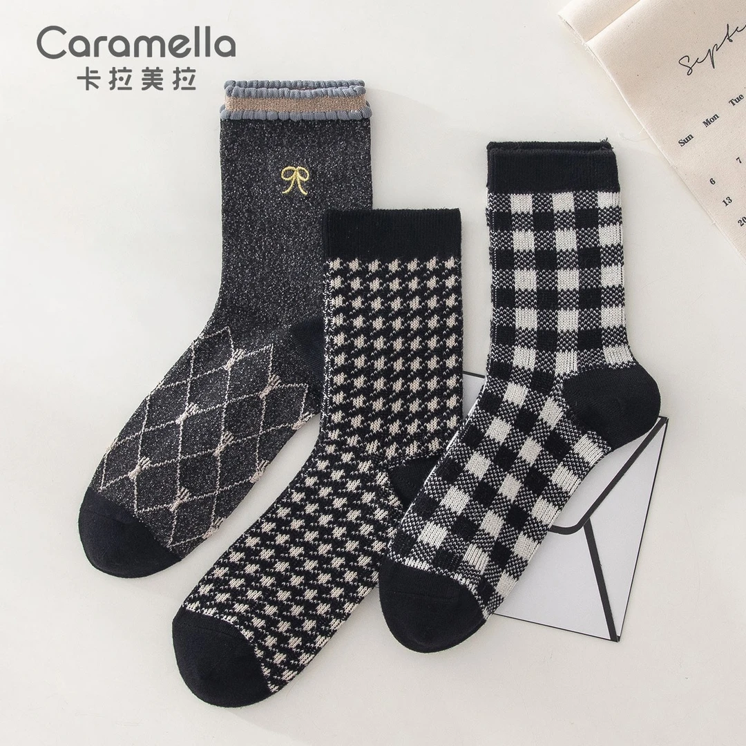 CARAMELLA棉袜女2023新款三双装ins潮蝴蝶结中筒百搭格子复古短袜