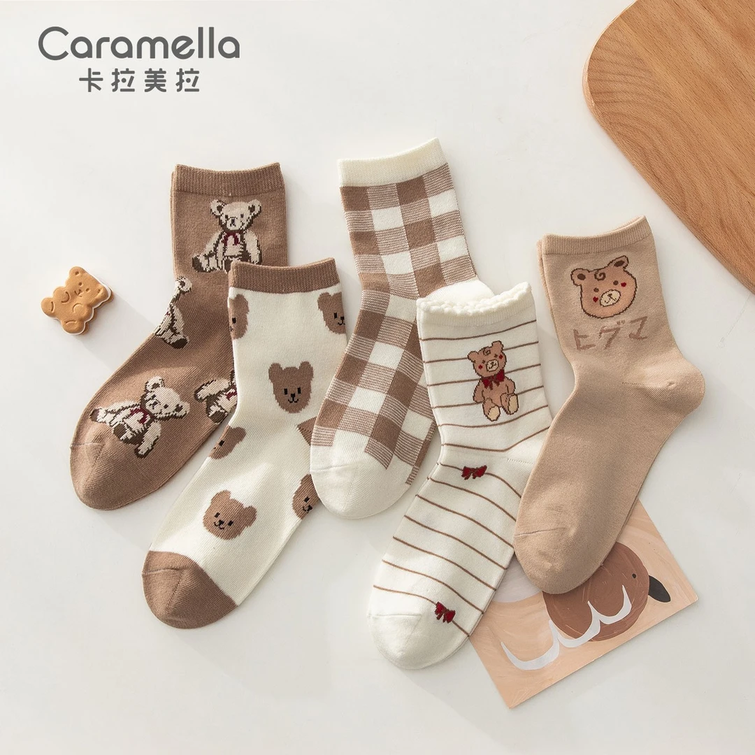 CARAMELLA袜子女士2023新款吸汗卡通动物棕色领结小熊中筒棉袜