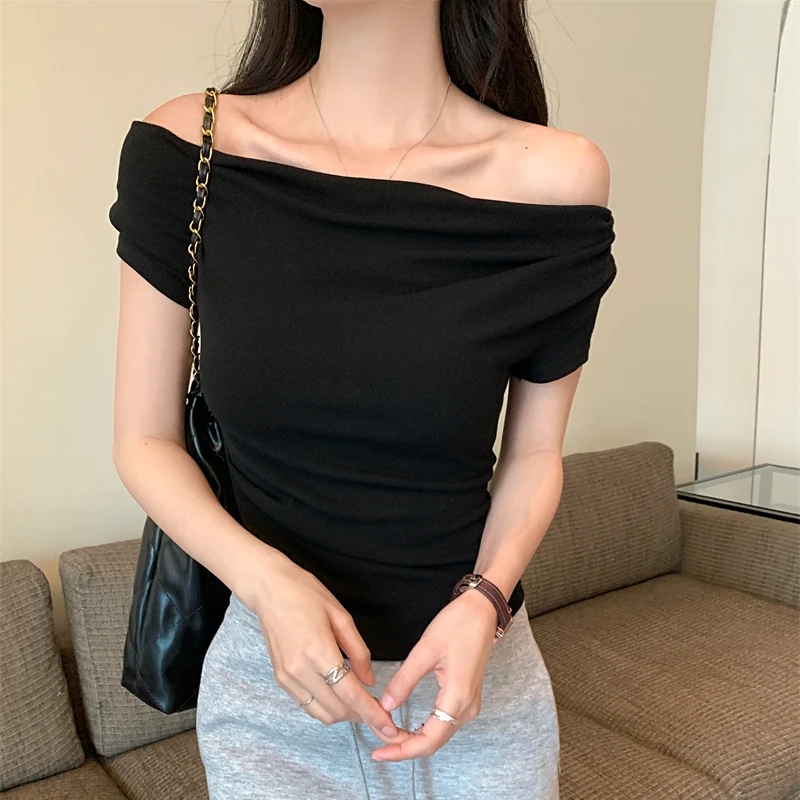 一字肩辣妹短袖高级感女大码修身显瘦弹力T恤夏季荡领短款上衣