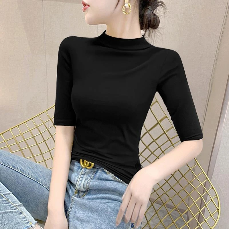 秋季黑色半高领中袖打底衫t恤女春秋冬新款内搭五七分袖中领上衣