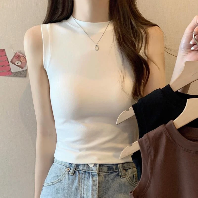 基础款小高领白色女无袖薄款夏季新款韩版修身坎肩背心女上衣纯色