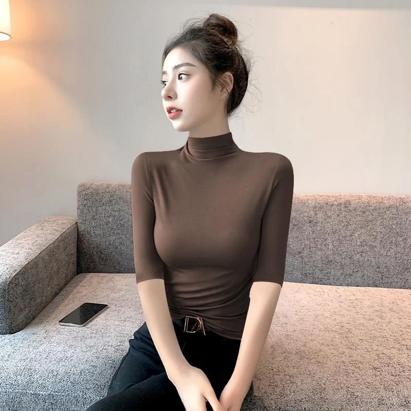 莫代尔高领中袖打底衫女2023年春夏秋新款七分袖修身内搭紧身上衣