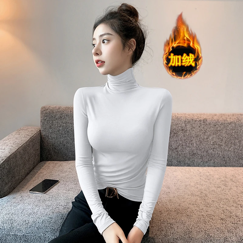 白色莫代尔打底衫女内搭2024秋冬新款洋气高领加绒加厚修身上衣潮