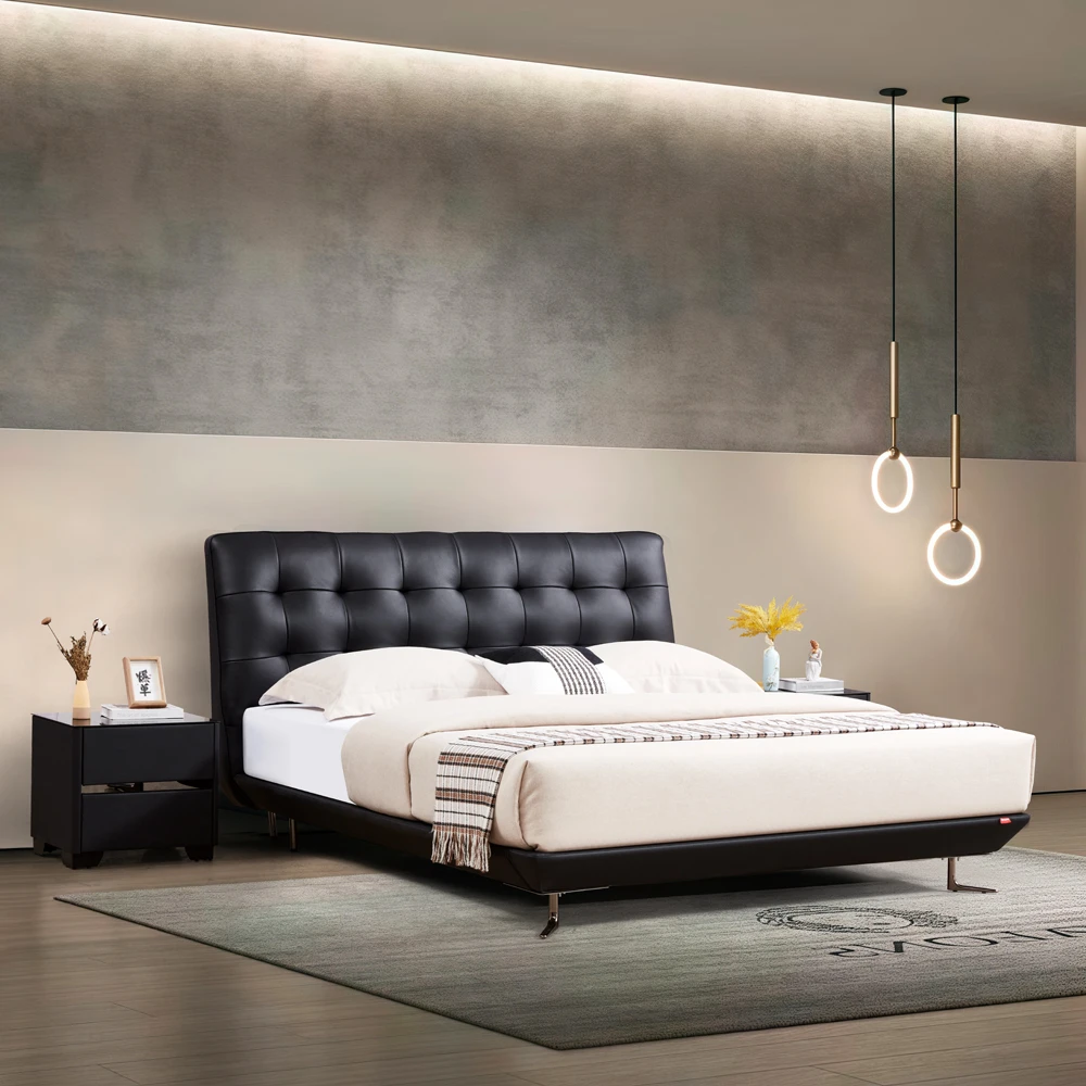 HOUSEFRONT/宅前【华夫格】头层牛皮意式极简悬浮松弛感主卧储物床