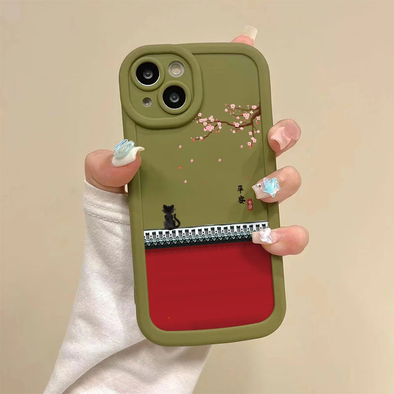 墙上小猫实色奶油适用苹果15手机壳iPhone14promax/13高级12/11