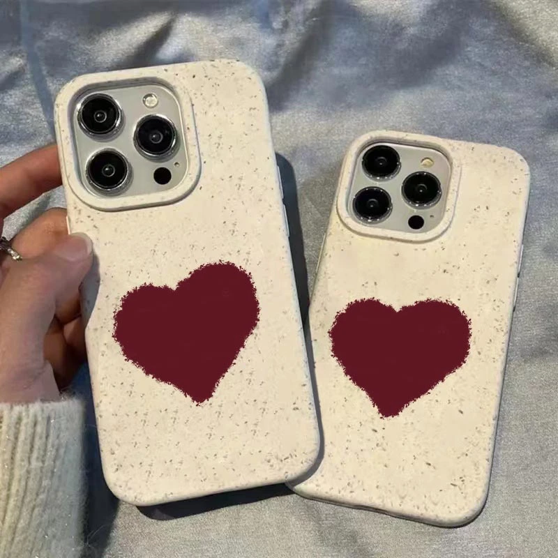 红色爱心小麦壳适用苹果15手机壳iPhone14promax全包13高级12/11