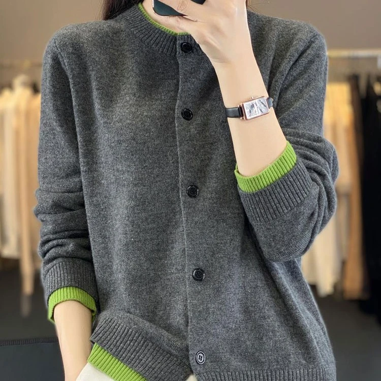 羊毛圆领假两件开衫女士雅致叠搭穿搭针织外套春秋外搭长袖上衣