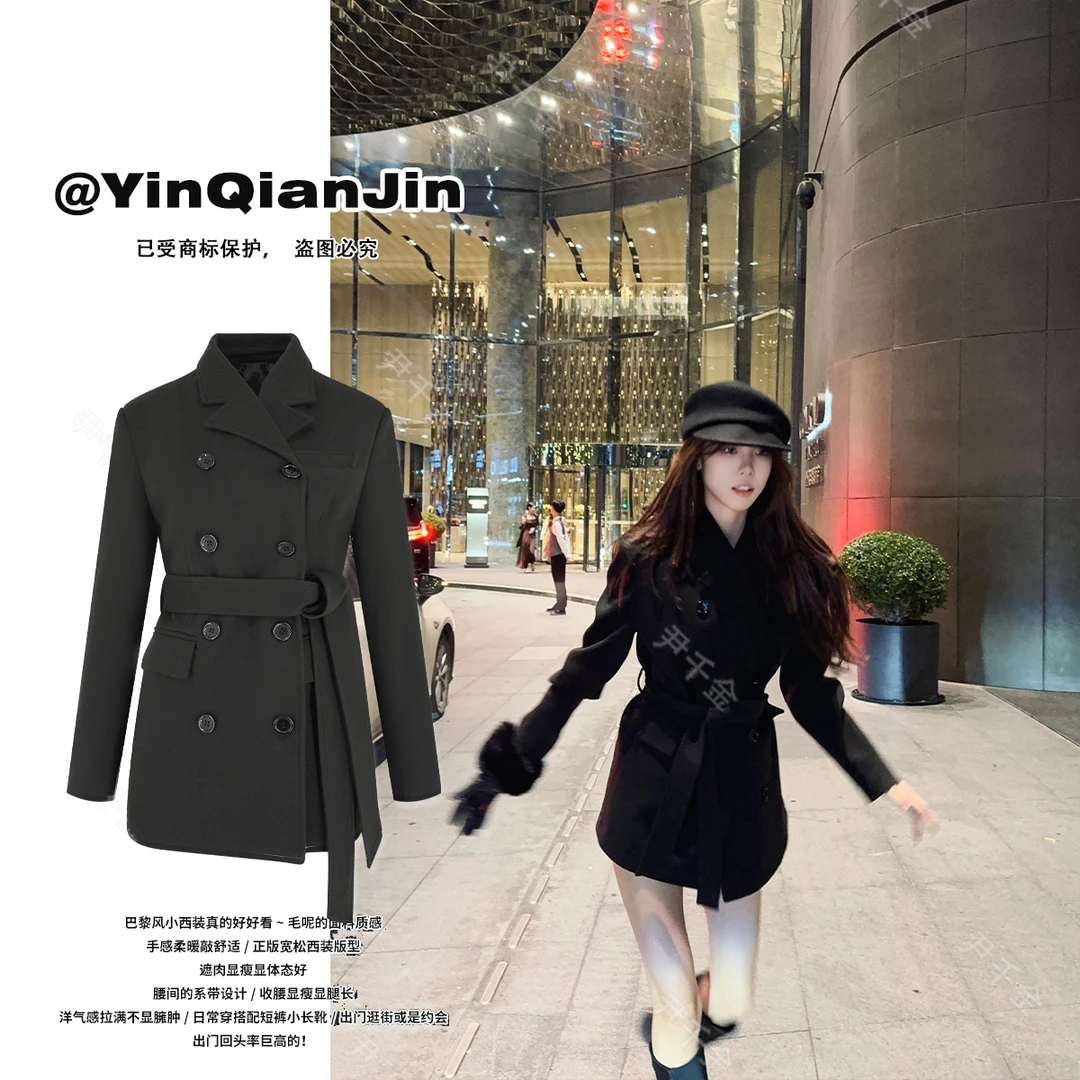 【巴黎美院】不顺从即自由时装周即视感双排扣收腰黑色大衣W240623