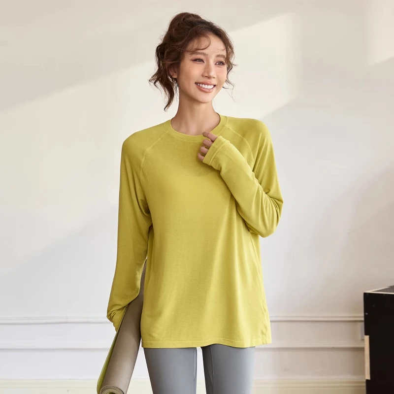 DCW宽松瑜伽服女遮臀显瘦圆领运动上衣插肩健身衣普拉提训练长袖