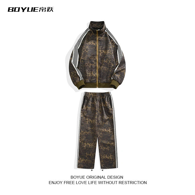 BOYUE帛跃秋季美式复古百搭豹纹拼接条纹拉链运动夹克休闲男外套