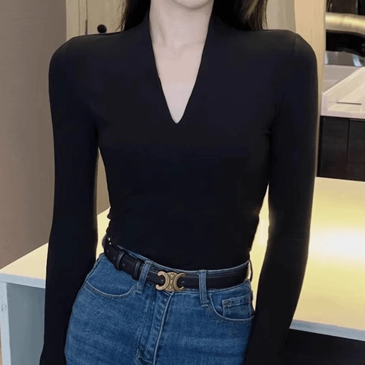 V领修身打底衫女秋冬2024新款长袖T恤正肩百搭纯欲内搭茶艺风上衣
