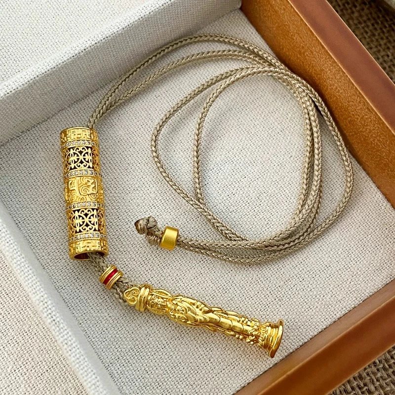 铜合金吊坠 金色花丝随身佛项坠镂空六字箴言柱形项链吊坠