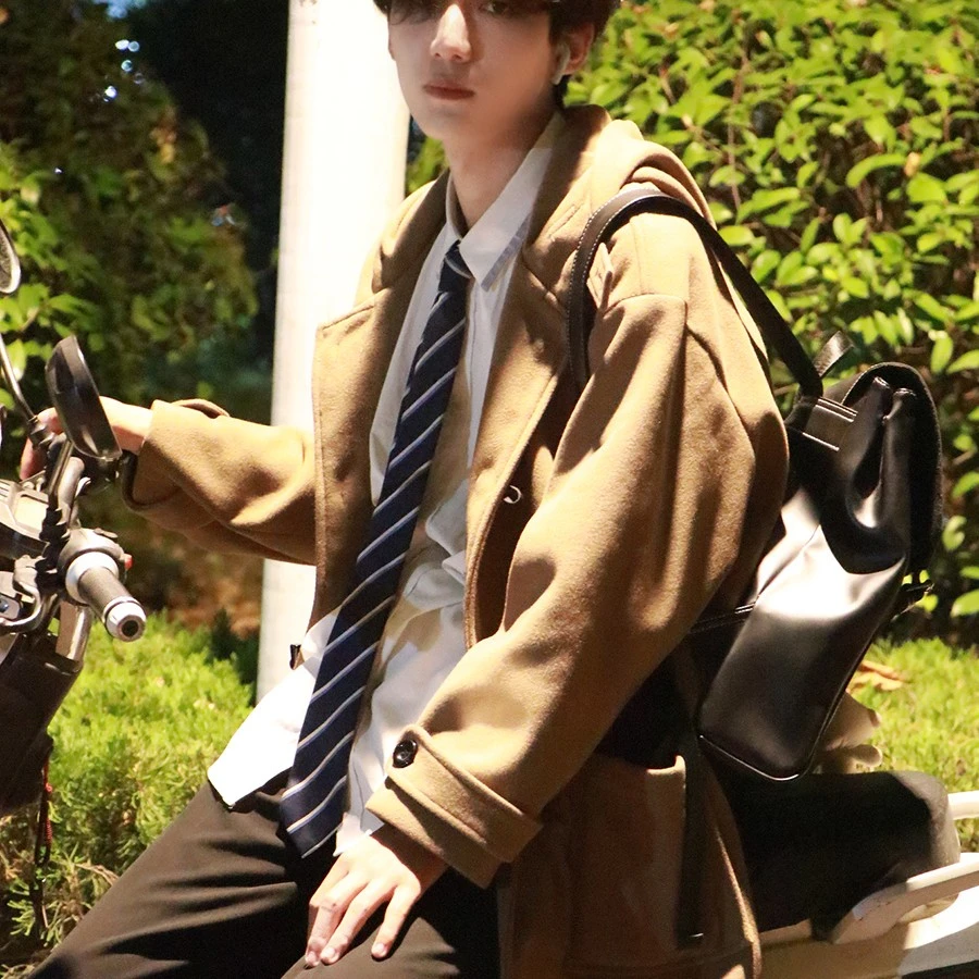 木村叔dk春秋款牛角扣毛呢外套男学生大衣呢子中长款双面呢秋装风