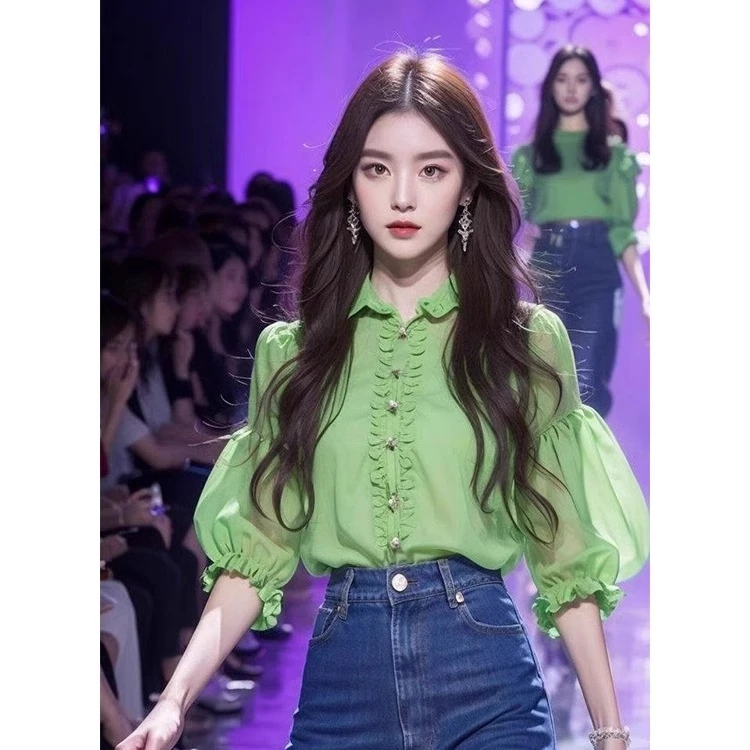 大喵喵淑颜服饰新中式女装春国风上衣今年流行小衫绿色灯笼袖衬衫