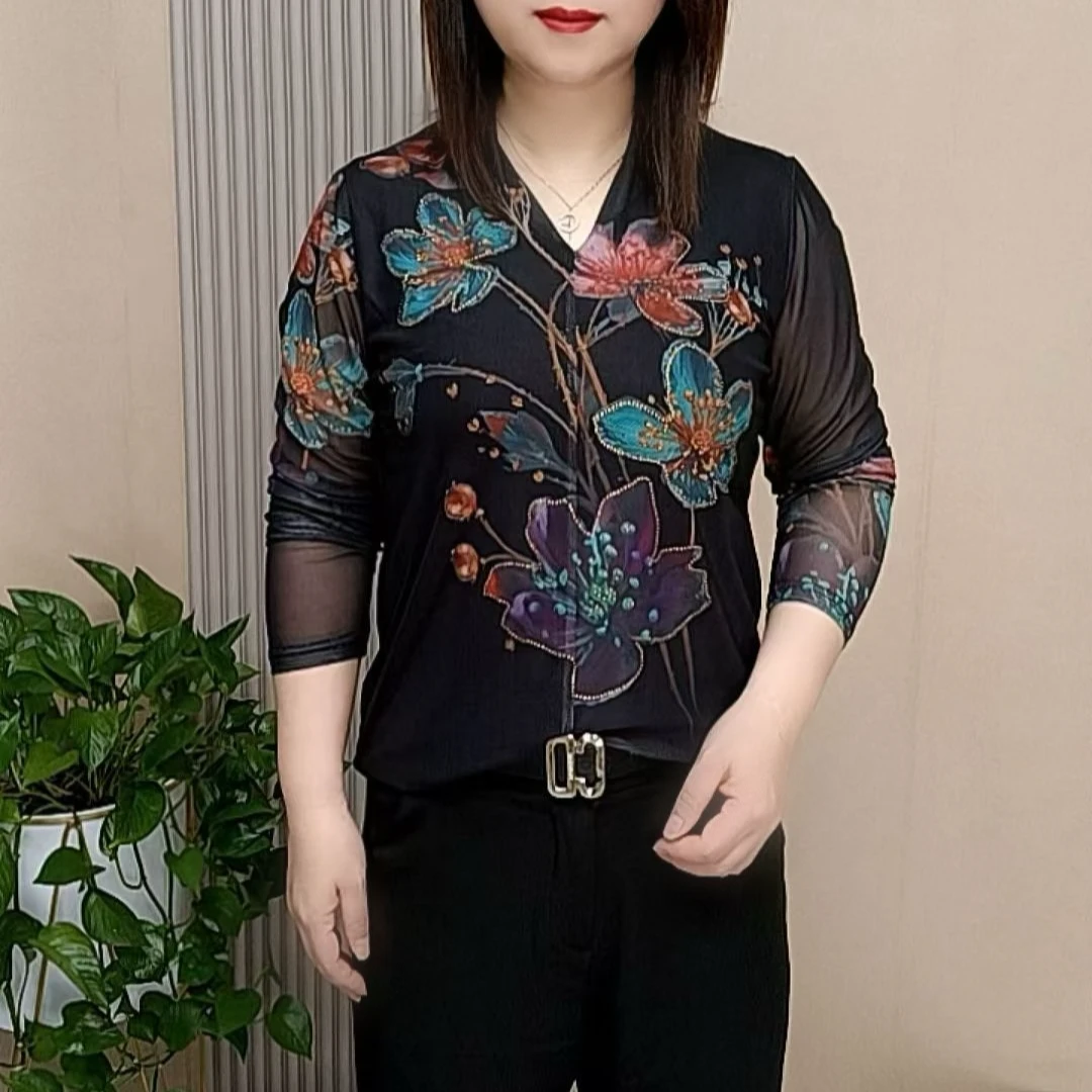 时尚百搭高贵优雅妈妈装肌肤纱V领显瘦遮肉减龄气质长袖小衫上衣