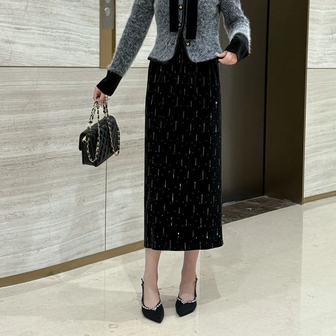 【加绒加厚暗夜鎏金】2024冬重工烫钻金丝绒直筒鱼尾摆包臀半身裙
