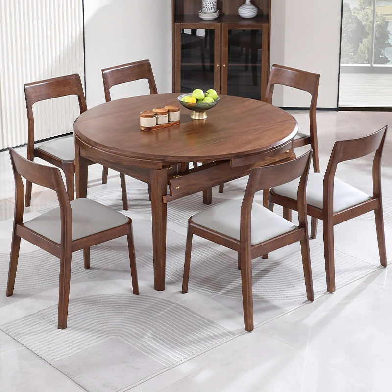 现代餐桌可伸缩折叠椭圆家用可变圆桌胡桃木简约全实木餐桌椅组合