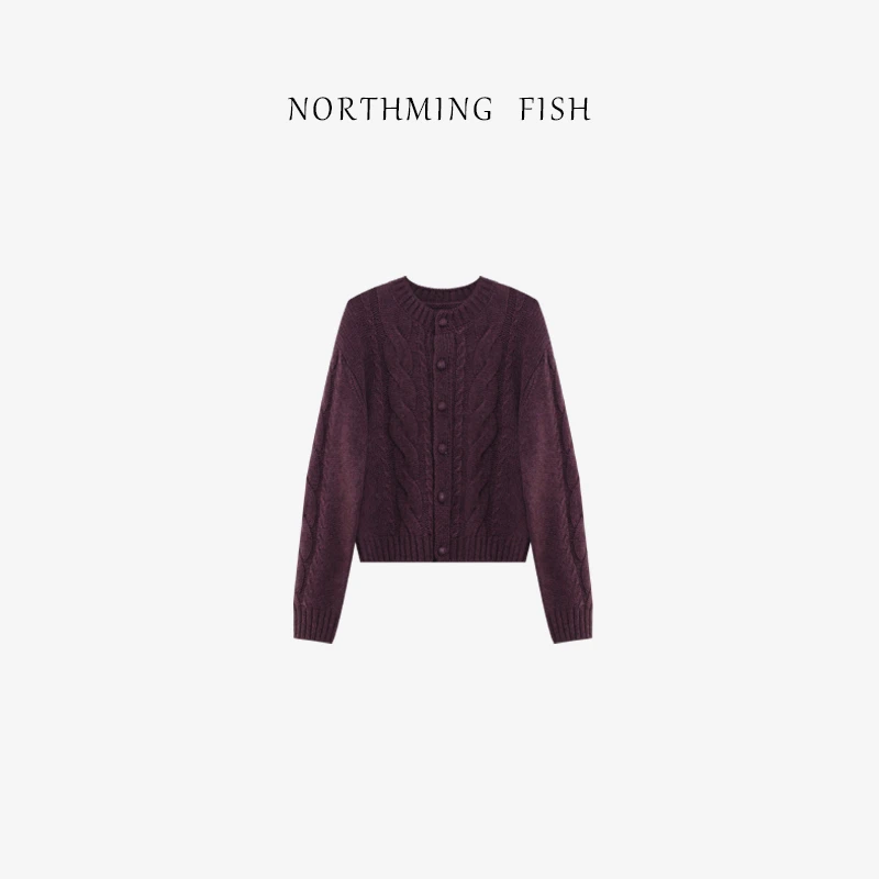 NORTHMING FISH「巴黎紫毛衣」牦牛绒羊毛混纱 浪漫绞花针织开衫