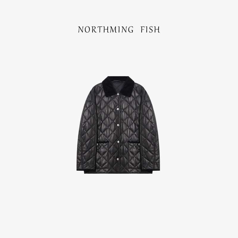 NORTHMING FISH「留声机」骆驼绒填充 羊皮菱形绗缝翻领真皮棉服