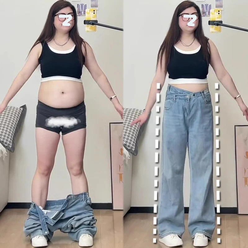 浅色高腰牛仔裤女大码胖mm巨显瘦宽松阔腿裤梨形身材直筒窄版裤子