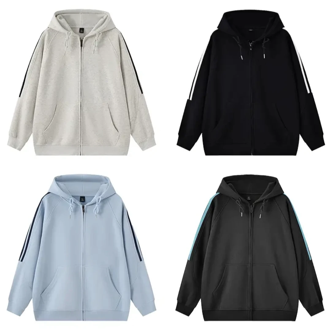 美式三条杠重榜连帽开衫卫衣男女潮牌新款拼接撞色百搭情侣外套