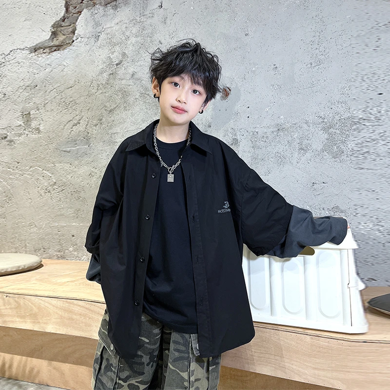 XZ潮童装儿童拼接衬衣秋季新款中大童慵懒风宽松上衣男童衬衫外套