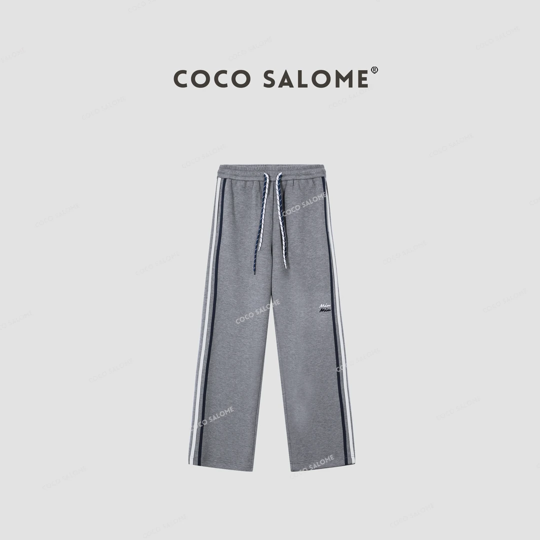 COCO SALOME⒁【灰色空间】羊毛醋酸混纺双抽绳条纹休闲长裤686Z