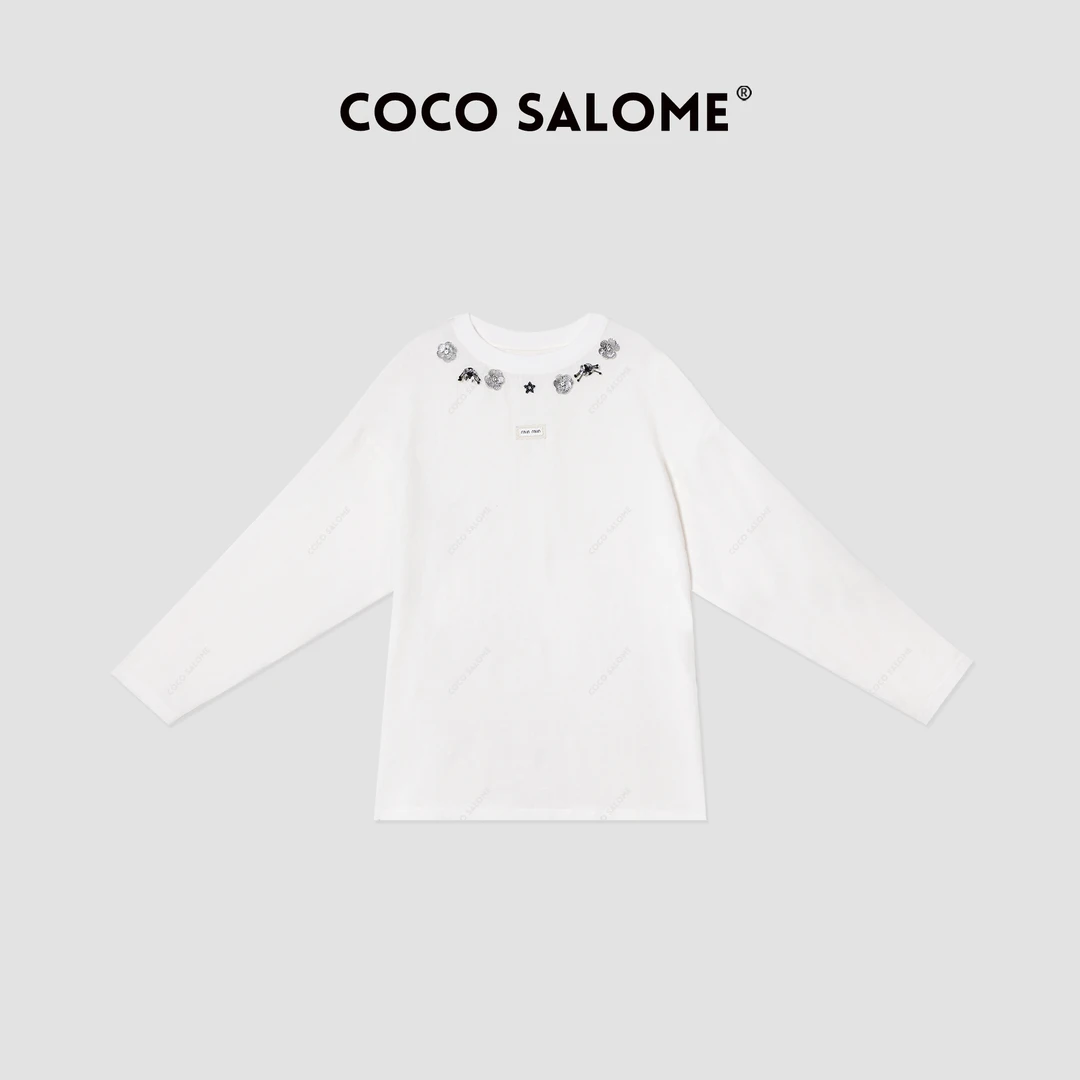 COCO SALOME⒁【梦巴黎】夏季亚麻独特漂亮手工钉珠女长袖T恤280H