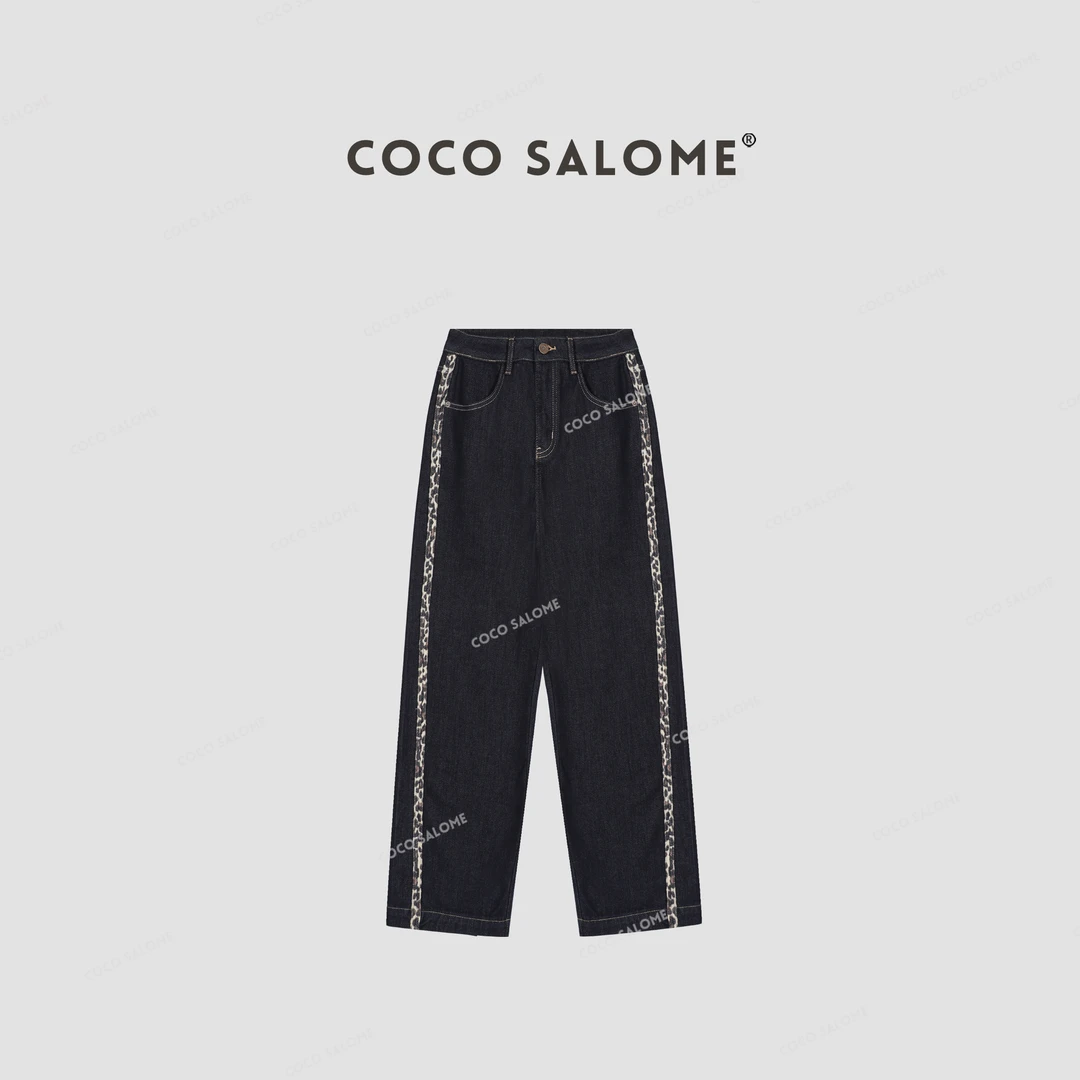 COCOSALOME⒁【豹纹牛仔】侧边豹纹设计微喇百搭直筒牛仔裤0484