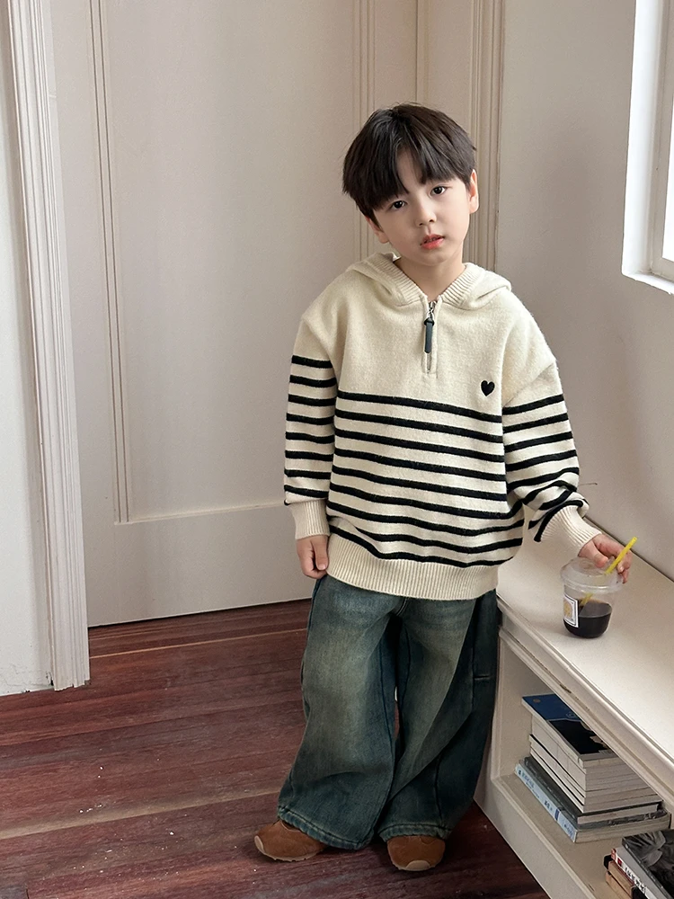 【现货】冬款男童加厚条纹刺绣爱心连帽针织衫24Z187毛衣童装儿童