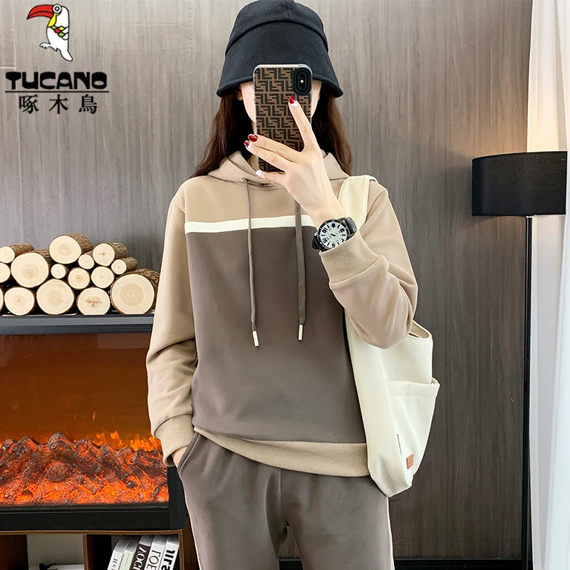 啄木鸟时尚运动套装女2025春秋季时尚圆领长袖大码跑步二件套春装