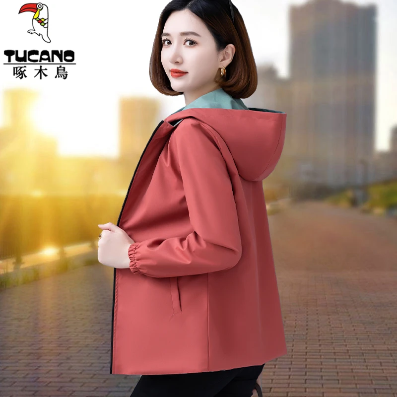 啄木鸟双面穿立领短修身外套女2024新款春秋中年妈妈大码夹克春装