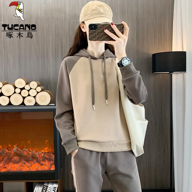 啄木鸟卫衣套装女2025新款春秋长袖连帽中年妈妈大码运动服两件套