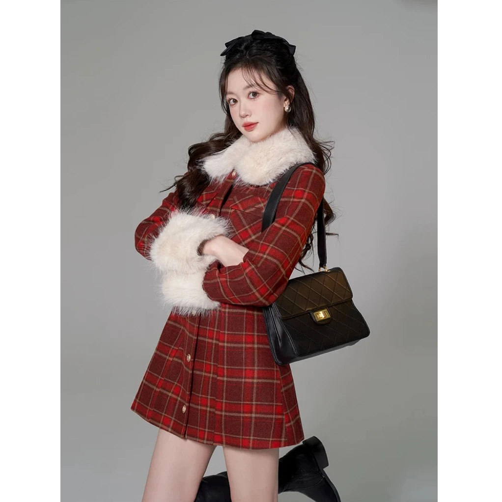 （赠送运费险）大毛领红色格子毛呢外套女中长款冬季新款5014