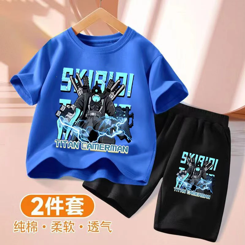 儿童纯棉短袖T恤套装泰坦监控马桶人衣服夏季新款男童短裤两件套9