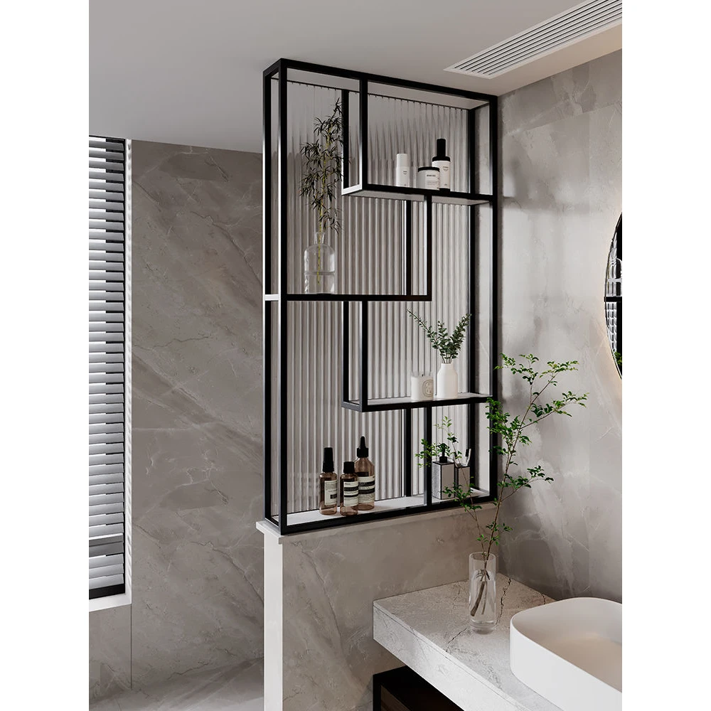 卫生间半墙长虹玻璃隔断金属铁艺带置物洗漱台客厅不锈钢屏风定制