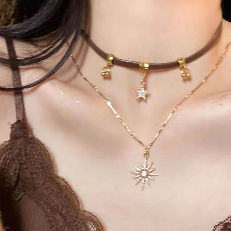 铜合金皮质项链 美拉德太阳星星双层项链女甜酷小众毛衣链1511
