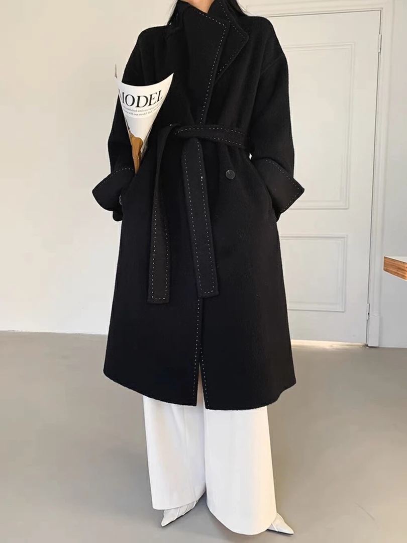 韩剧女主翻领可系带长款羊毛外套(配腰带)