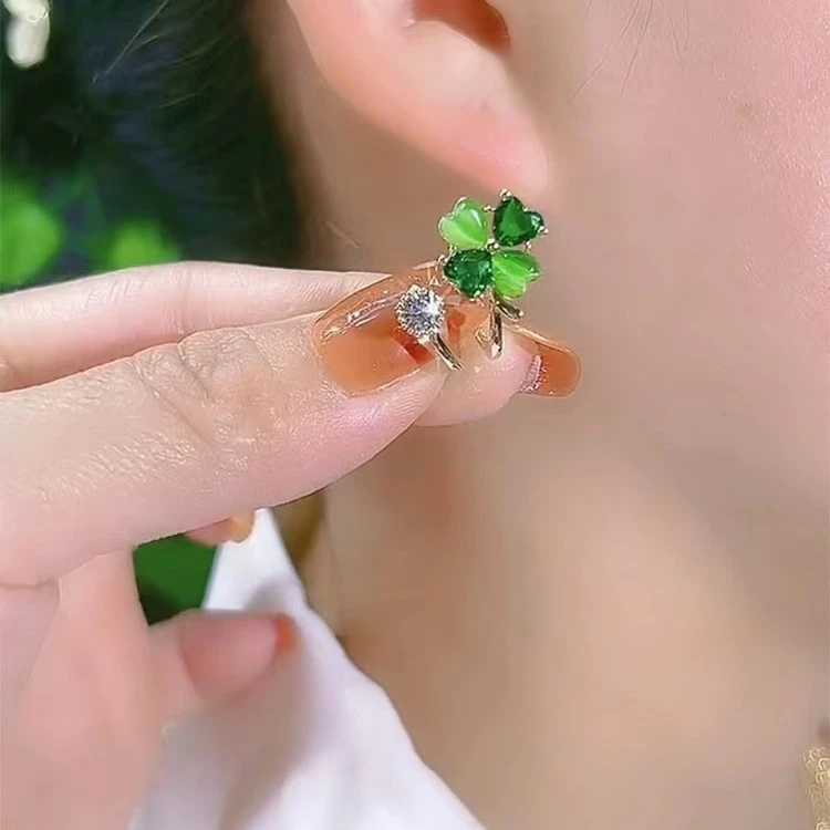 铜合金耳饰 小清新绿色耳钉2024年新款潮小众设计感耳环N0307