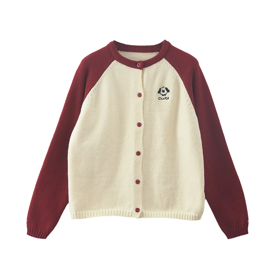 复古小狗刺绣拼色针织开衫2024年冬季宽松休闲减龄女145MY963