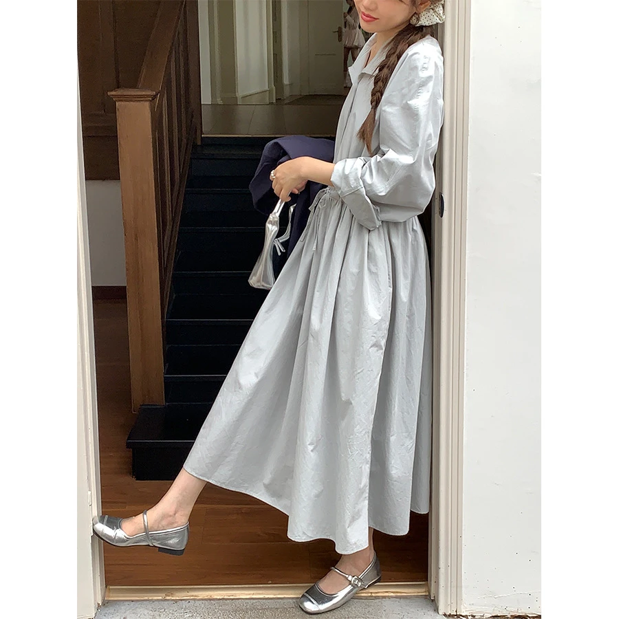 法式polo领抽绳收腰长袖连衣裙女2024秋宽松显瘦长裙143LY671