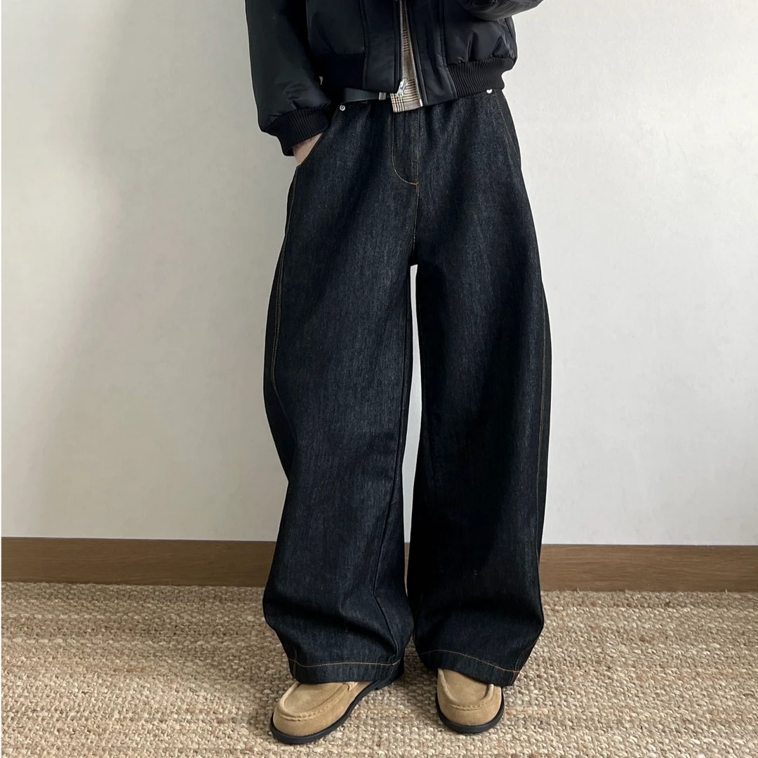 ONESTEPA字阔腿黑棕明线原牛13oz微喇直筒复古cleanfit男款牛仔裤