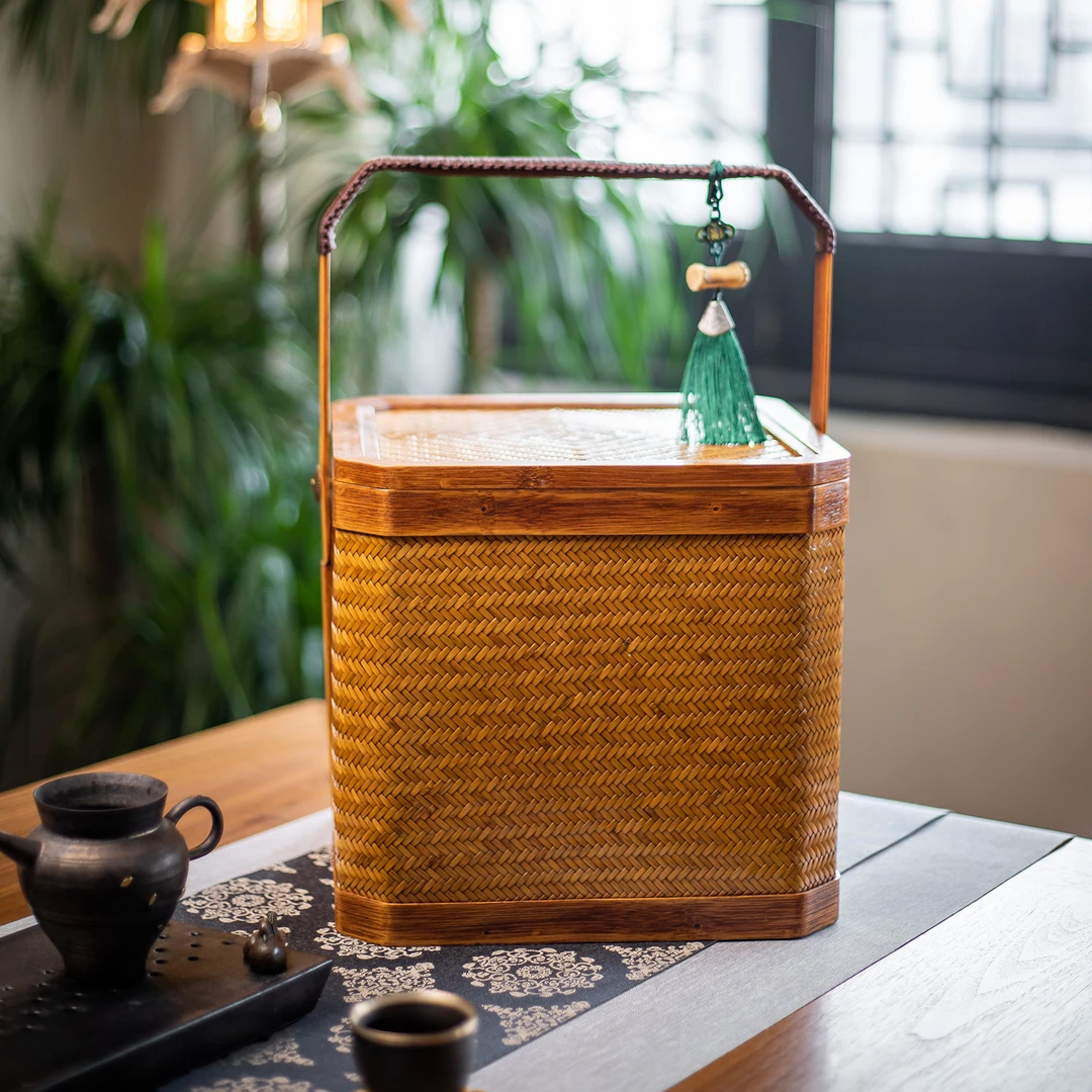 方祺茶盒中式复古竹编提篮大号食盒收纳盒礼盒茶具收纳双层点心盒