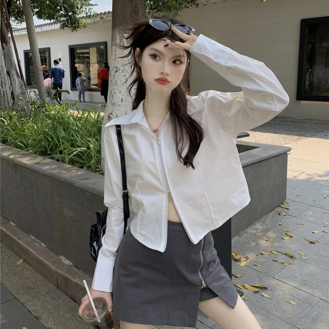 韩版拉链衬衫女高品质经典百搭双头拉链长袖收腰显瘦上衣