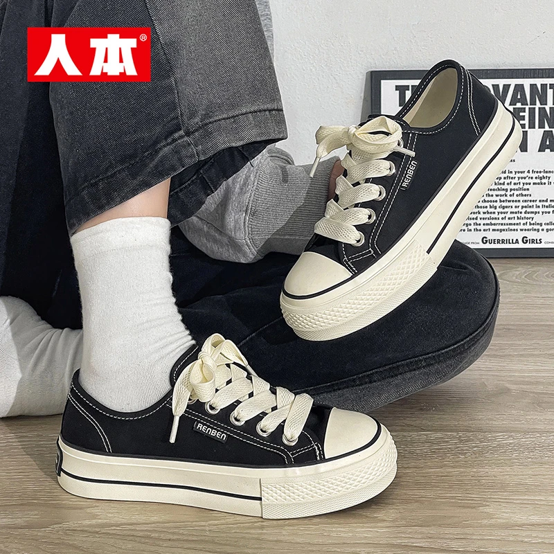 人本帆布鞋女夏秋季薄款复古经典版女鞋圆头百搭学生女休闲板鞋A3
