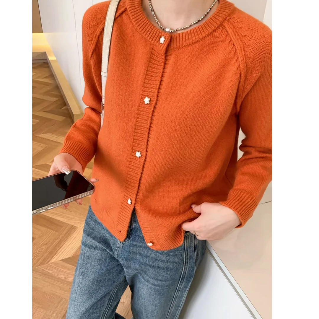 【五角星纽扣开衫】纯色简约气质圆领插肩袖秋冬新款ins毛衣外套女