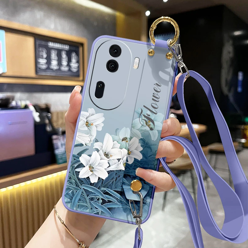 OPPORENO11手机壳11Pro软硅胶防摔全包支架保护套女斜跨挂绳花朵