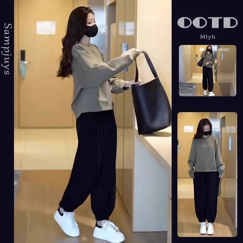 秋装搭配一整套胖mm显瘦遮肉百搭休闲卫衣束脚裤今年流行漂亮洋气