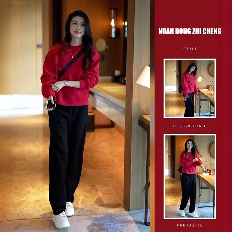 2025秋季新款红色圆领卫衣套装女时尚宽松显瘦小个子穿搭一整套